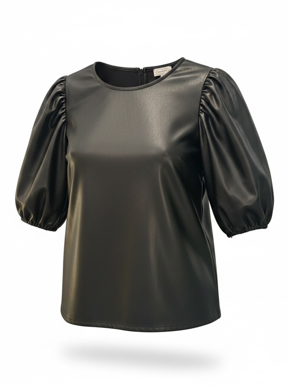 Mud Pie Black Faux Leather Puff-Sleeve Blouse